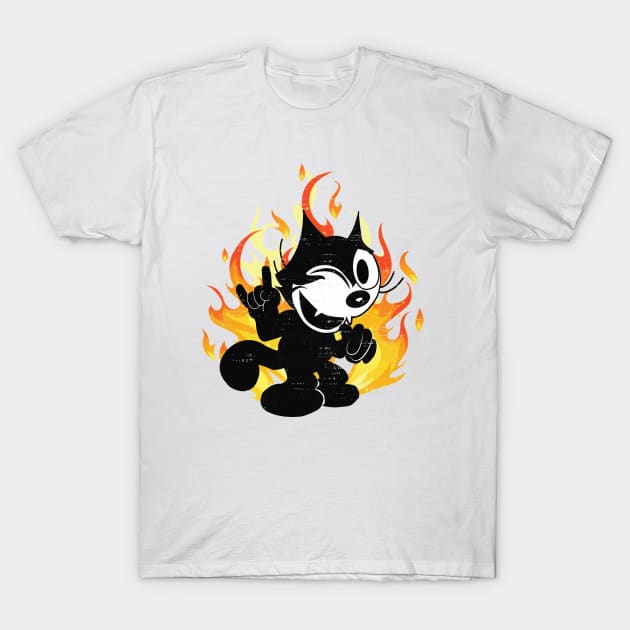 Felix the Cat Flashes Rock & Roll Devil Horns Hand Signal Super Faded Distressed Design T-Shirt by VogueTime